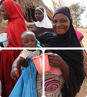 Mothers and children collecting clean water from a Muntada Aid water station